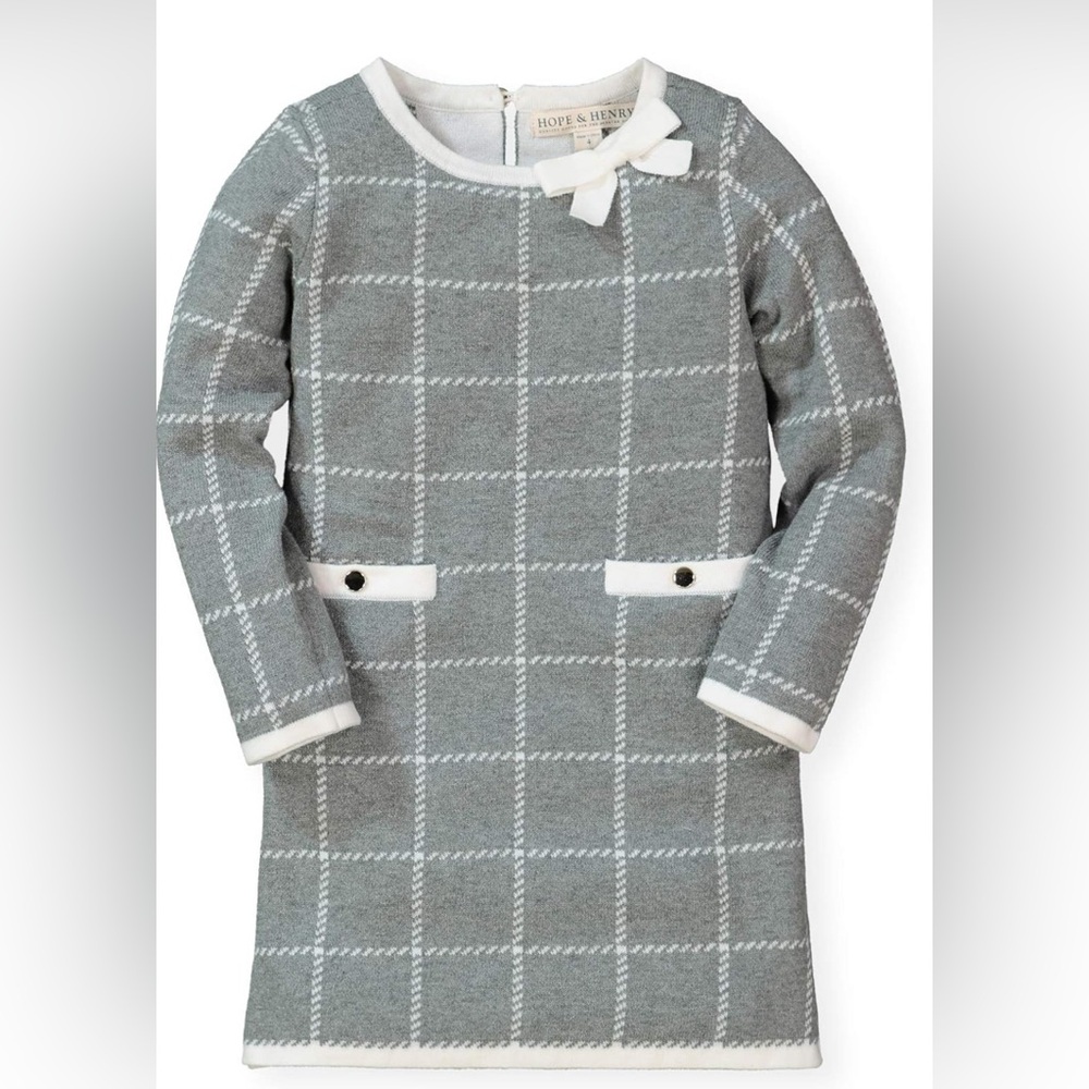 Hope & Henry Girls' Bow Detail Sweater Dress - Grey and White